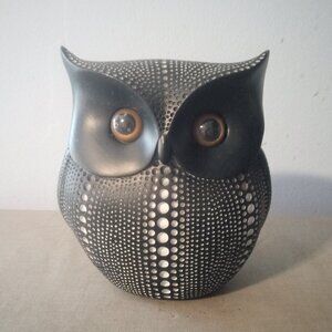 Black & white Nordic style spotted owl figurine. Resin.